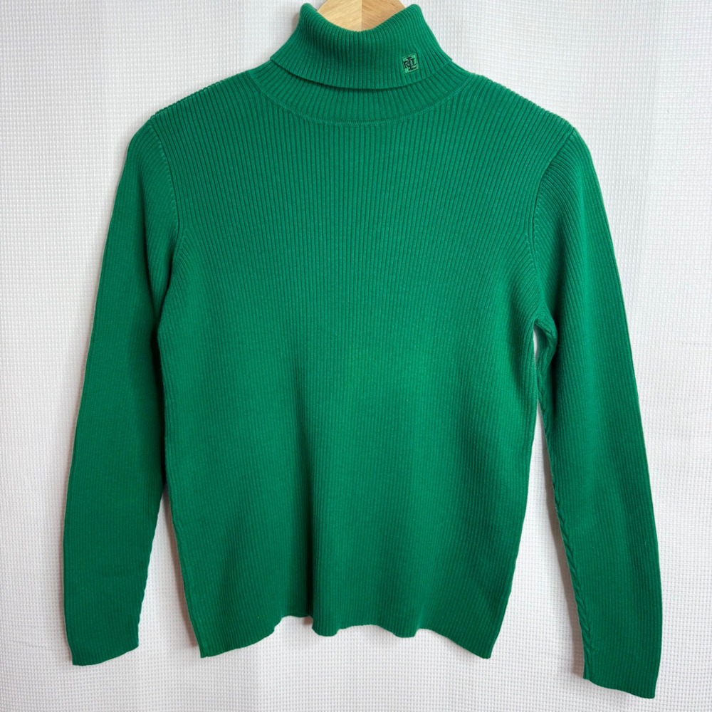 Y2K Lauren Ralph Lauren Green Ribbed Cotton Turtleneck Sweater Logo Small